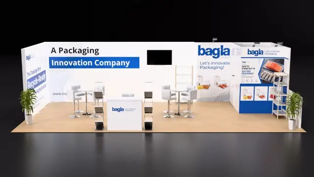 10×30 Inline Booth With Long Printed Wall and Product Shelves