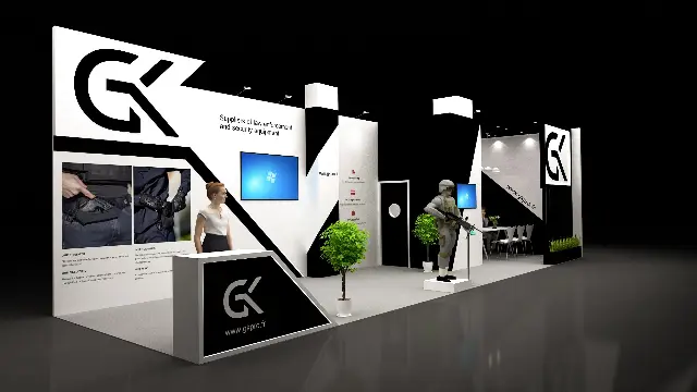 10×30 Inline Booth With Slatted Meeting Room and Angled Graphic Walls