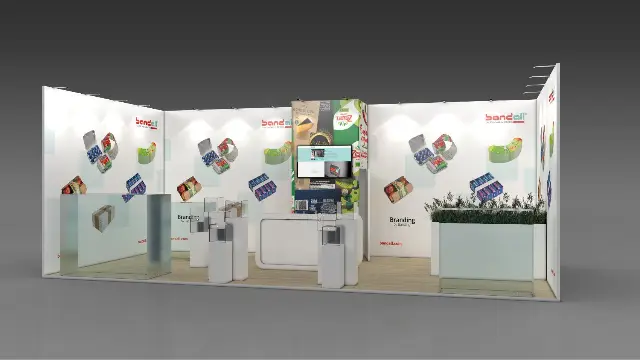 10×20 Inline Booth With White Graphic Walls and Display Pedestals