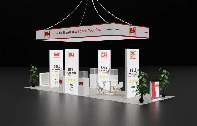 10×30 Island Booth With Rectangular Hanging Sign and Graphic Towers