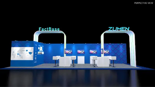 10×40 Corner Booth With Twin Arch Headers and Demo Stations