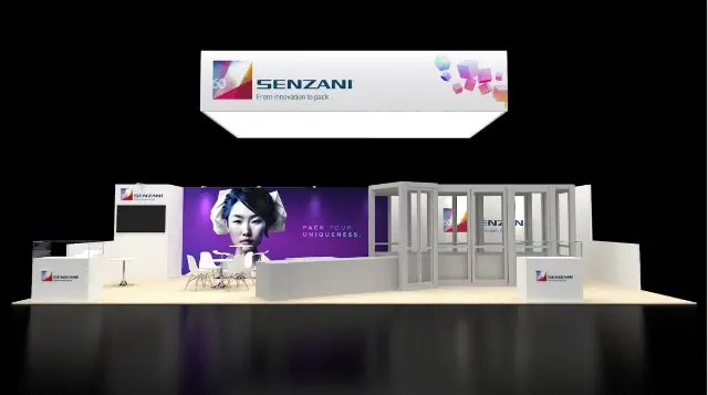 10×40 Inline Booth With Glass Meeting Cabin and Long Hanging Sign