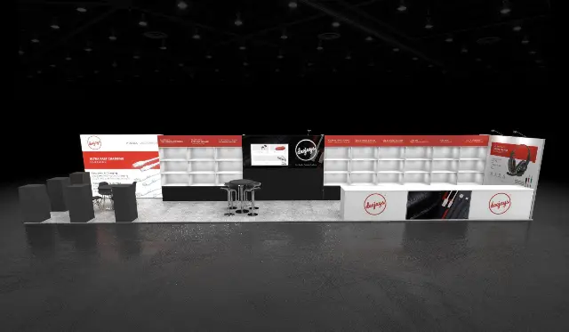 10×40 Inline Booth With Long Cubby Shelf Walls and Sales Counter