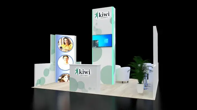 16×20 Peninsula Booth With Logo Tower and Lounge Seating