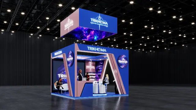 15×15 Island Booth With Square Hanging Sign and LED Video Wall