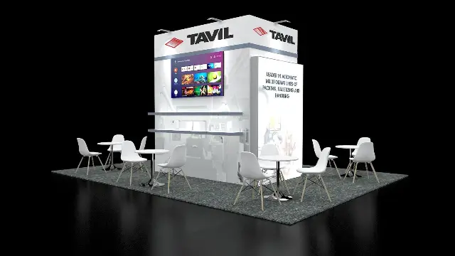 15×20 Island Booth With Central Tower and Cafe Seating