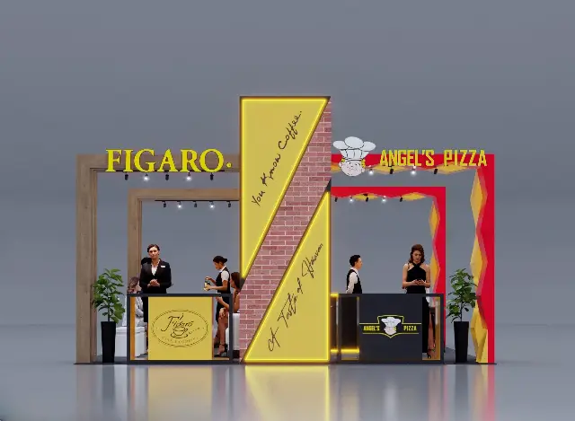 15×20 Peninsula Booth With Twin Coffee and Pizza Bars and Brick Feature Wall