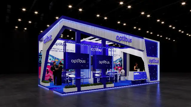 15×30 Corner Booth With Coffee Bar and Backlit Display Frames