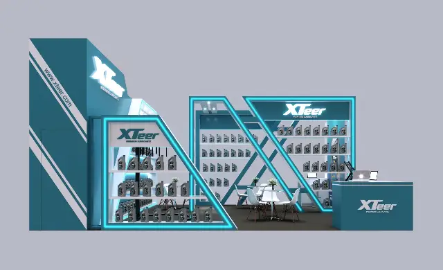 15×30 Corner Booth With Illuminated Shelf Walls and X-Frame Arches