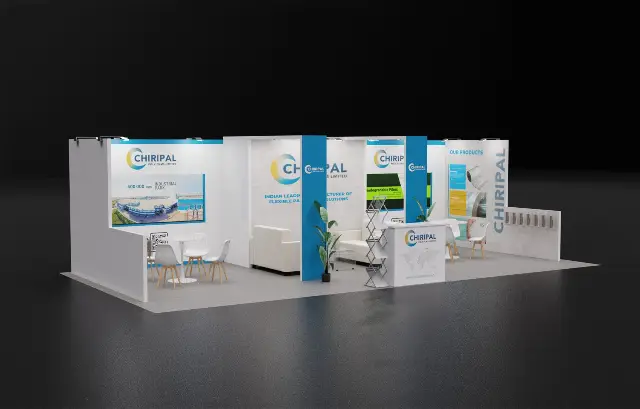 10×30 Inline Booth With Sofa Lounge and Product Sample Wall