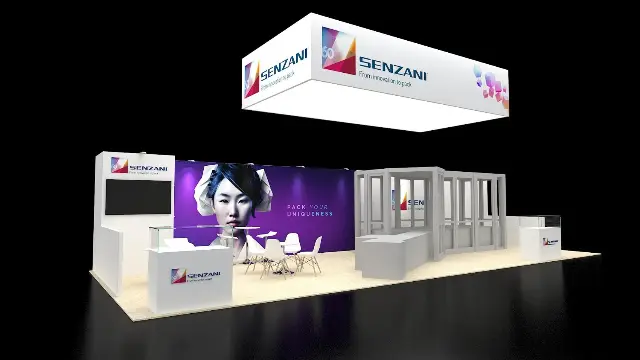 20×40 Peninsula Booth With Hanging Sign and Meeting Room