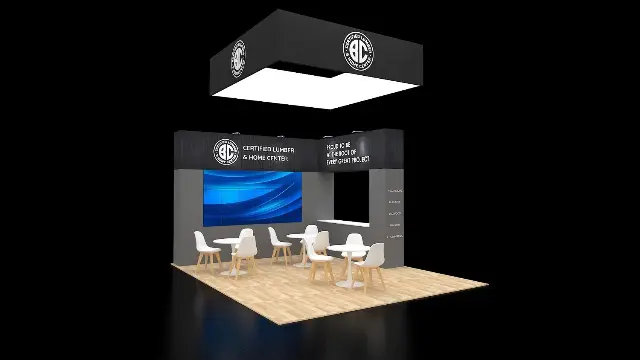 16×20 Peninsula Booth With Video Wall and Seating