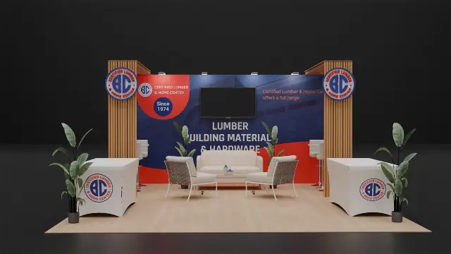 16×20 Peninsula Booth With Wood-Slat Towers and Lounge Seating