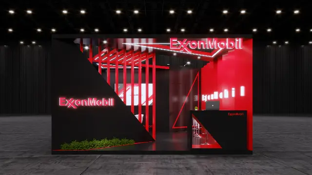 20×20 Corner Booth With Angled Red Fins and Illuminated Header
