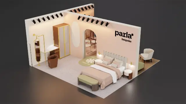 20×20 Corner Booth With Arched Room Divider and Room-Set Display