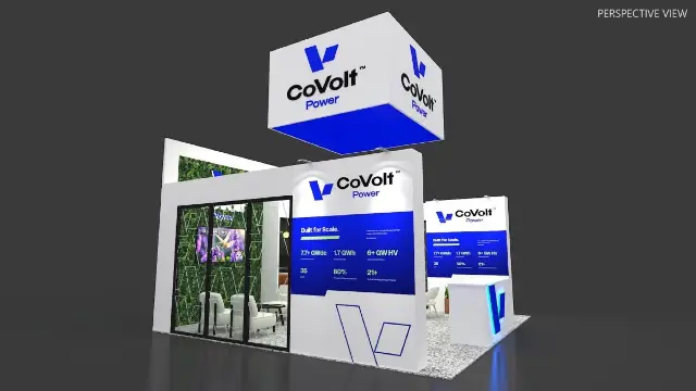 20×20 Corner Booth With Cube Hanging Sign and Glass Meeting Room