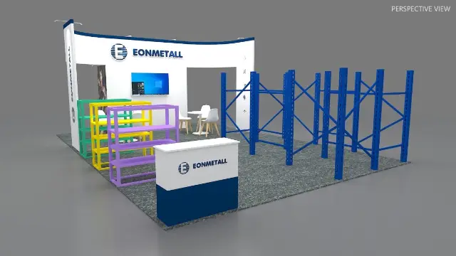 20×20 Corner Booth With Curved Header Wall and Display Shelves