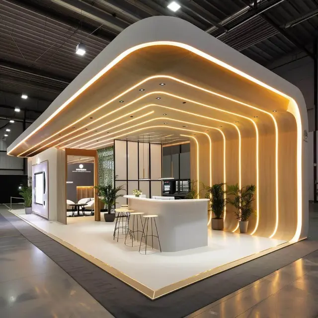20×20 Corner Booth With Curved LED Canopy and Reception Counter