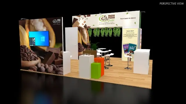 10×20 Corner Booth With Entry Header and Tasting Pedestals