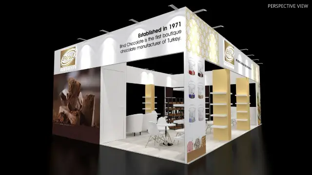 20×20 Corner Booth With Header Frame and Gold Product Shelf Towers