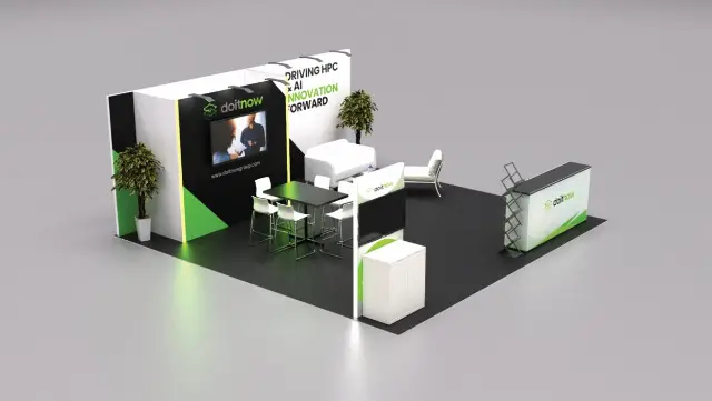 20×20 Corner Booth With Lounge Area and Tall Bar Table