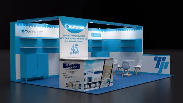 20×20 Corner Booth With Overhead Frame and Display Shelves