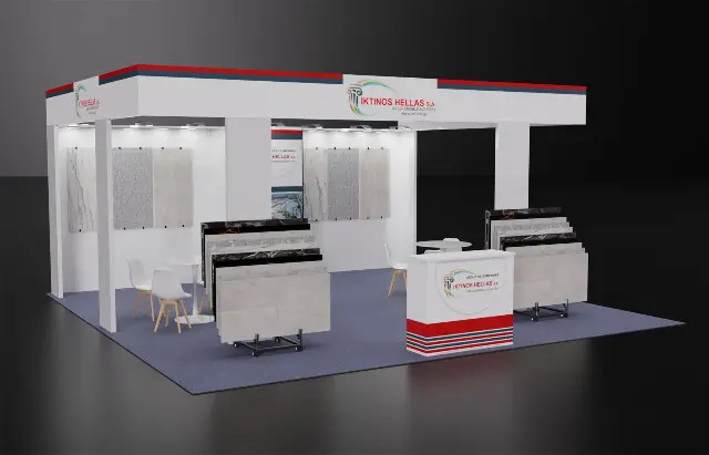 20×20 Corner Booth With Overhead Header Frame and Slab Display Racks