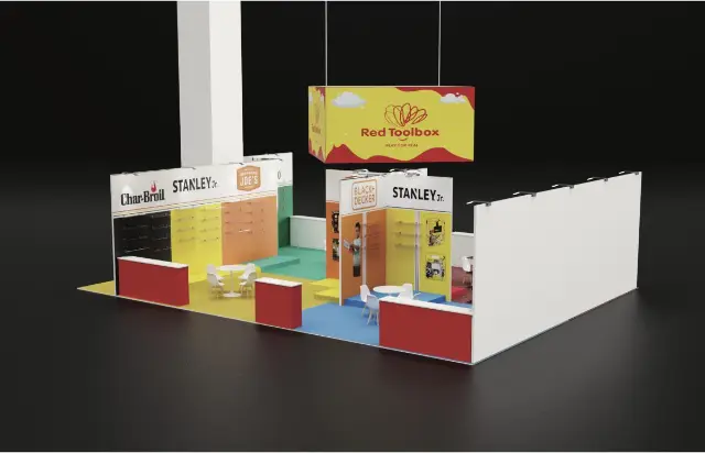 20×30 Corner Booth With Rectangular Hanging Sign and Colorful Raised Platforms