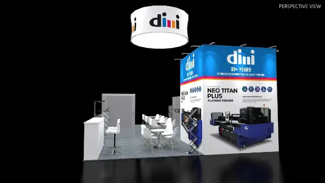 20×20 Corner Booth With Round Hanging Sign and Tall Printed Wall