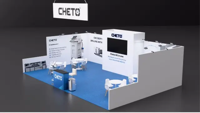 20×20 Corner Booth With Video Wall Tower and Hanging Sign