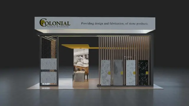 20×20 Inline Booth With Rectangular Header Sign and Slab Display Wall