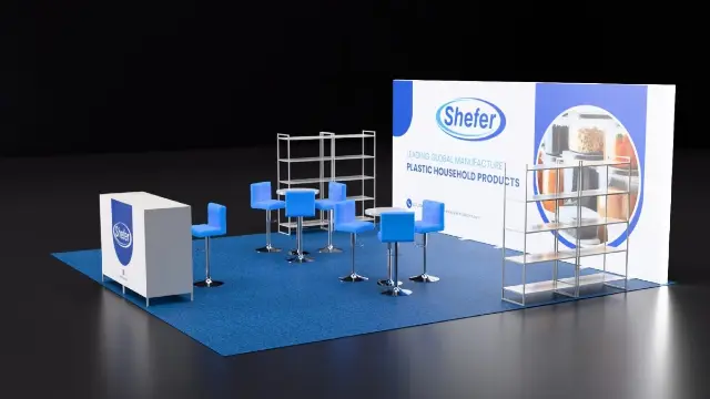 20×20 Inline Booth With Shelving Units and Bar Seating