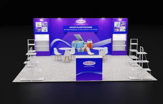 20×20 Inline Booth With Two Lit Shelf Towers and Open Display Racks