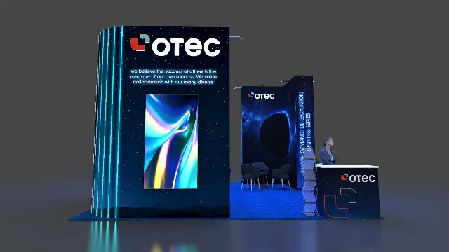 20×20 Island Booth Booth With LED-Lit Tower and Meeting Nook