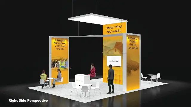 20×20 Island Booth With Backlit Fabric Walls and Square Hanging Sign