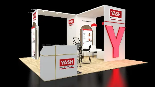 20×20 Island Booth With Ceiling Header and Storage Room