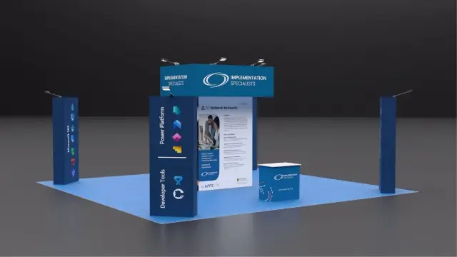 20×20 Island Booth With Center Sign Tower and Four Banner Pylons