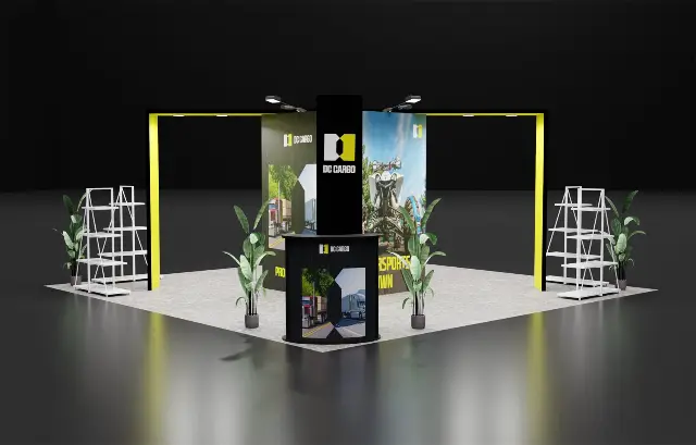 20×20 Island Booth With Central Graphic Tower and Twin Portal Frames