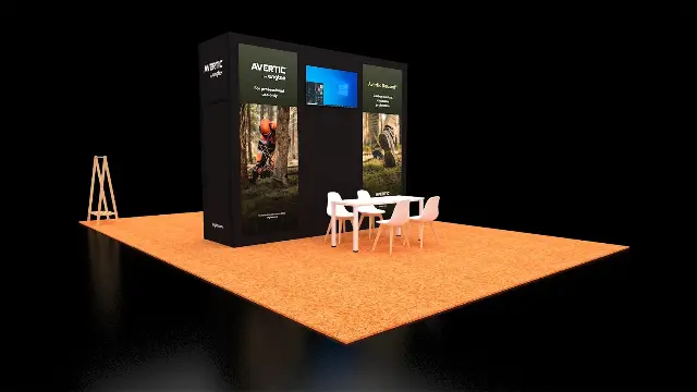 20×20 Island Booth With Central Graphic Wall and Meeting Table