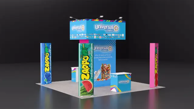 20×20 Island Booth With Central Header Wall and Three Graphic Towers