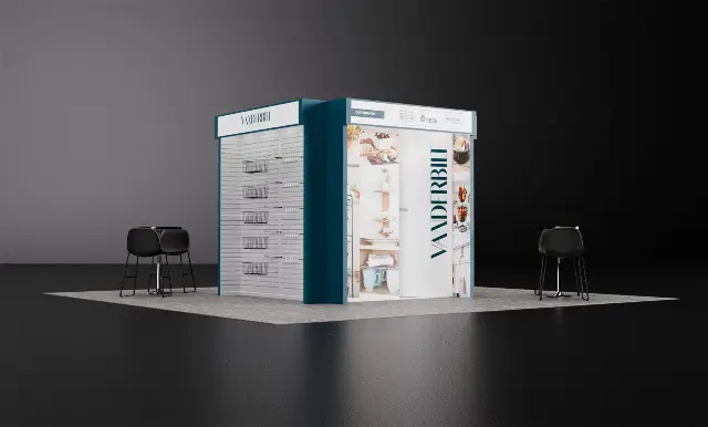 20×20 Island Booth With Central Storage Cube and Slatwall Basket Display