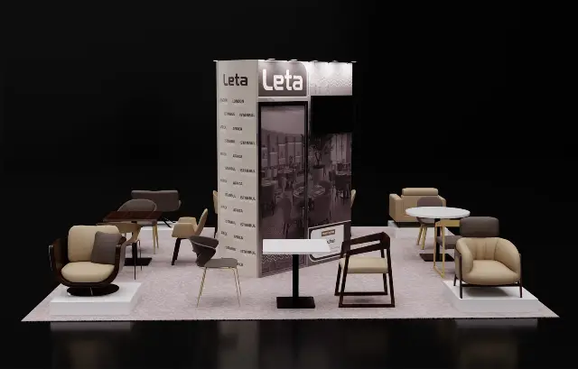 20×20 Island Booth With Central Storage Tower and Furniture Display Plinths