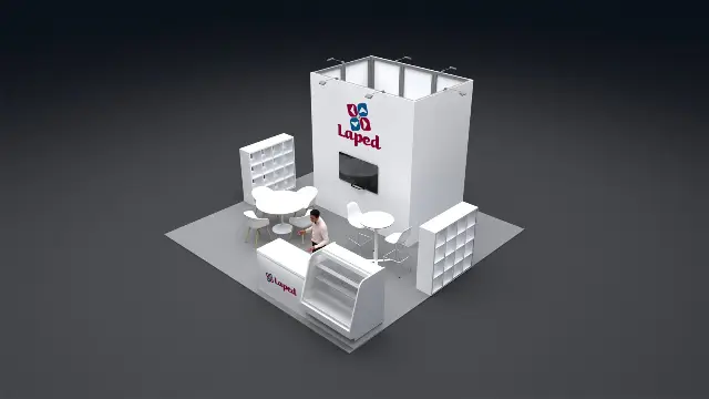 20×20 Island Booth With Central Storage Tower and Refrigerated Display Counter