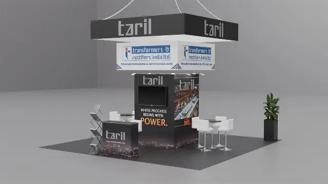 20×20 Island Booth With Central Tower and Two-Tier Square Hanging Sign