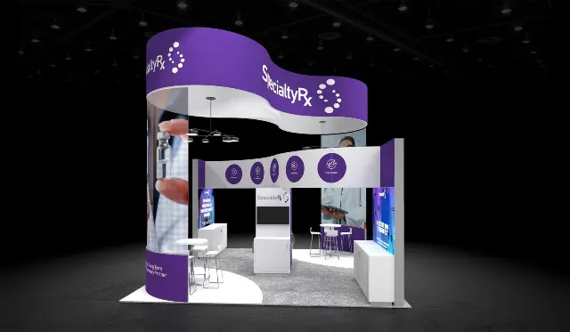 20×20 Island Booth With Curved Overhead Canopy and Backlit Towers