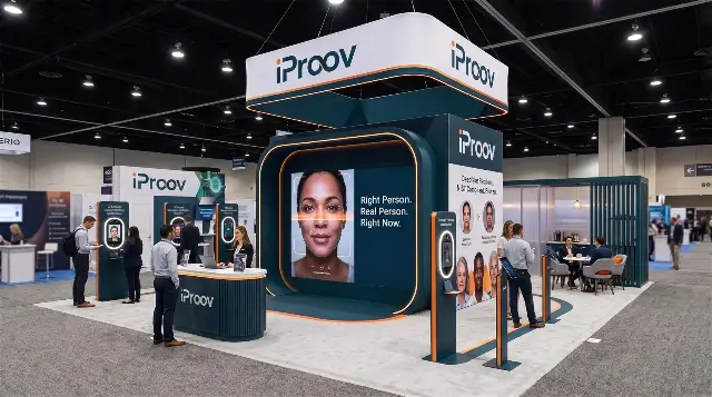 20×20 Island Booth With Curved Screen Wall and Hanging Sign