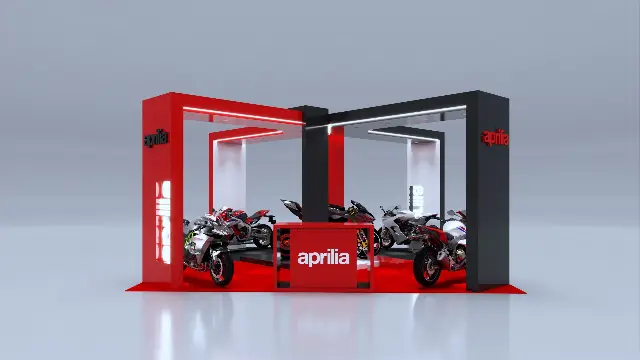 20×20 Island Booth With Four Portal Arches and Raised Display Plinth