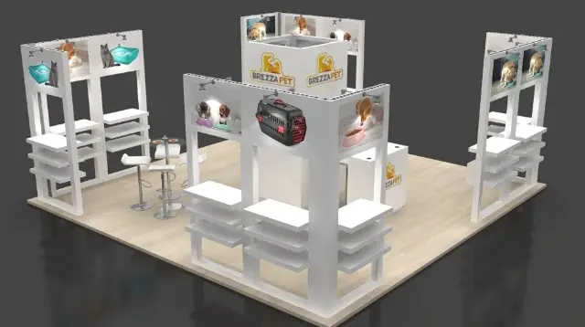 20×20 Island Booth With Four Shelving Frames and Square Header
