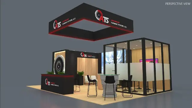 20×20 Island Booth With Glass Meeting Room and Video Wall