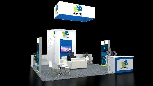 20×20 Island Booth With Hanging Sign and Lounge